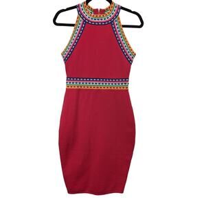 Milly Sleeveless Bodycon Knee Length Colorful Stripe Trim‎ Knit Dress Fuchsia